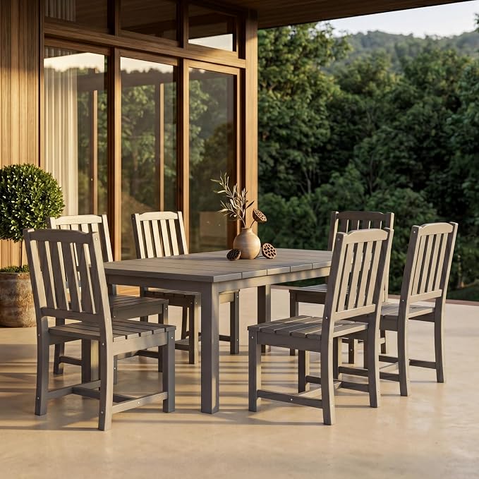 Perli™ 7-Piece Outdoor Dining Set, All-Weather HDPE Patio Table and 6 Chairs with Umbrella Hole, UV-Resistant Composite Wood Dining Furniture for Deck, Backyard, Poolside, Grey