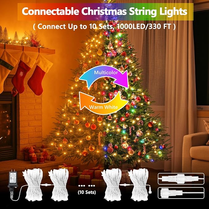 100 LED Connectable String Lights with Remote, Warm White to Multicolor | 11 Modes, Timer, 33FT Clear Wire Waterproof Color Changing Twinkle Fairy Lights Plug in for Bedroom Patio Xmas Tree Decor