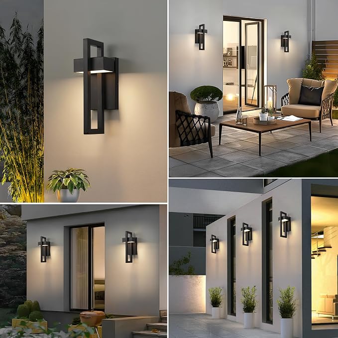 LED Outdoor Wall Sconce Modern Exterior Lighting Fixtures, Matte Black Outdoor Front Porch Lights LED Outside Wall Mount Lights for House, Hallway, Warm White 3000K, 2 Pack
