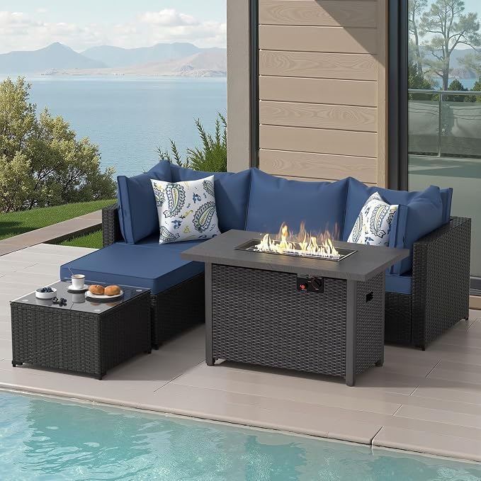 Patio Furniture Set, 6PCS Patio Sectional w/ Fire Pit Tabel Ottoman Wicker Rattan Outdoor Furniture with Thickened Cushion Modular Wicker Patio Conversation Set with Glass Top Table for Balcony(Blue)