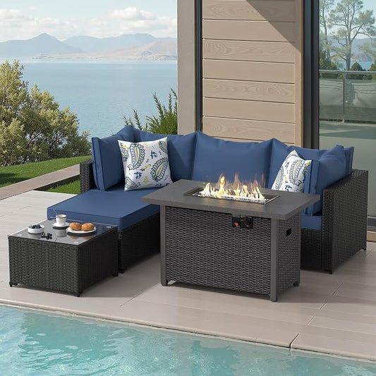 Patio Furniture Set, 6PCS Patio Sectional w/ Fire Pit Tabel Ottoman Wicker Rattan Outdoor Furniture with Thickened Cushion Modular Wicker Patio Conversation Set with Glass Top Table for Balcony(Blue)