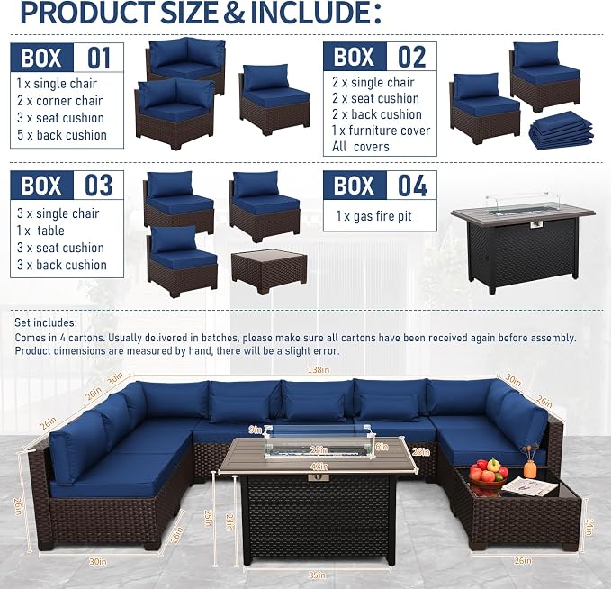 Lviden 10 Pieces Wicker Patio Furniture Set with Patio Glass Table Outdoor Sectional Conversation Sofa Set with 43 inches Fire Pit Table and Non-Slip Cushione, Navy Blue