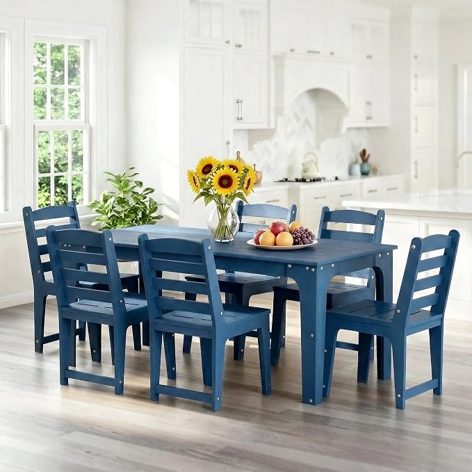 HDPE Outdoor Patio Dining Chair All Weather Resistant Set of 2, Blue | Slatted Back Dining Armless Chair, Weatherproof Outdoor Side Chair Patio Furniture for Poolside Garden Backyard Deck Indoor