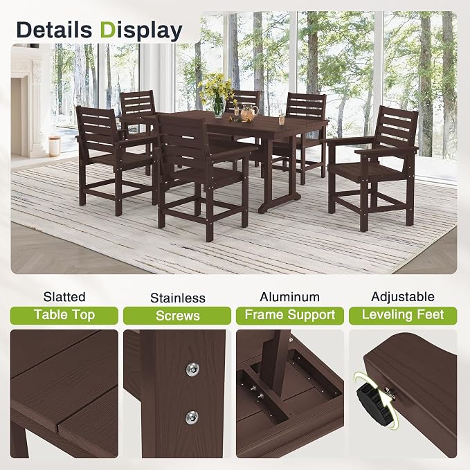 7 Piece Outdoor Dining Set, HDPS Patio Table and Chairs Set, 66" Patio Table with 1.96" Umbrella Hole & 6 Chairs, All Weather Furniture for Garden, Backyard, Poolside (Coffee Brown)