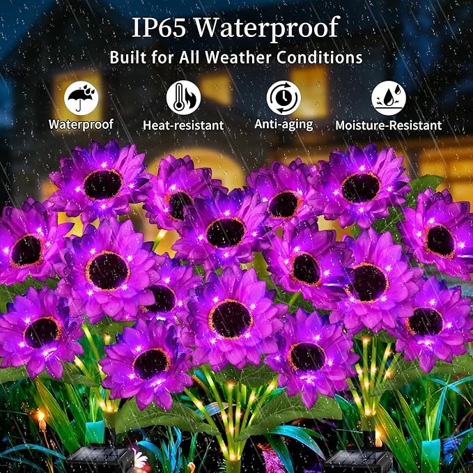 Solar Garden Lights Outdoor, 4 Pack Solar Purple Sunflower Lights with 18 Head 3.5 Inch Flowers, Waterproof Flowers Light Fall Decor Auto ON/Off for Garden Yard Patio Backyard, Gifts for Mom Women