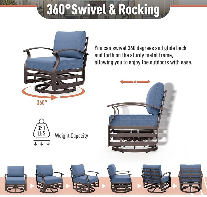 Kurapika Aluminum Patio Furniture Set 8-Seat Modern Metal Outdoor Conversation Sets w/Swivel Rocking Chairs Patio Sectional Sofa w/5.1 Inch Cushion, Navy Blue