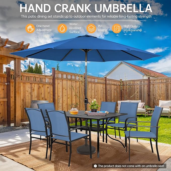 SUNCROWN 8 - Piece Outdoor Dining Set, Patio Furniture Set with 6 Textilene Dinning Chairs, 1 Rectangle Metal Table and 1 Dark Blue 9Ft Patio Umbrella for Lawn Garden Backyard Deck, Blue