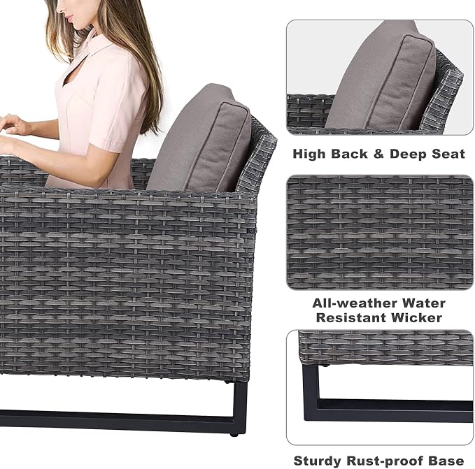 Belord Oversize Patio Chairs Set of 2 Outdoor Wicker Dining Chairs, All-Weather Rattan Patio Club Chair Furniture Sets with Water-Resistant Cushion Anti-Rust Frame Gray
