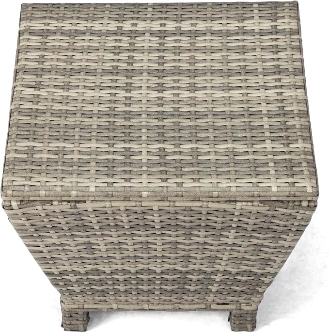 Outdoor PE Wicker Side Table with Storage, 13 Gallon Patio Storage Bin Container with Air Spring Lid, All-Weather Handwoven Rattan Coffee Table for Deck, Poolside & Garden, Grey (Gray)