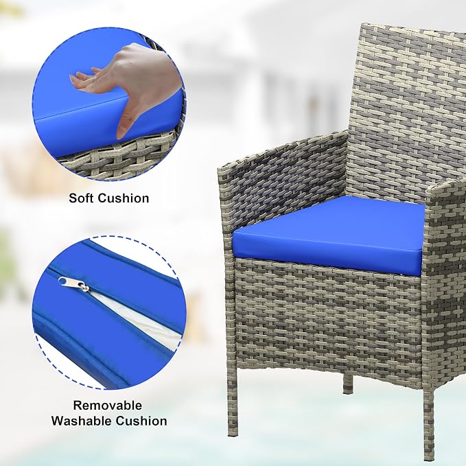 GarveeLife 3-Piece Patio Furniture Set, Rattan Outdoor Furniture with 2 Chairs & Coffee Table, Modern Outdoor Seating Conversation Bistro Set for Garden Backyard Porch (Grey and Blue)