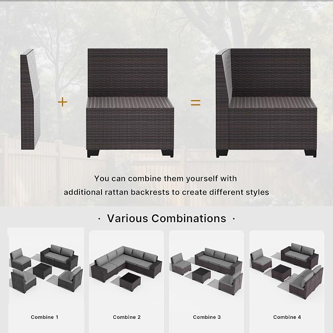 Gotland 6 Pieces Patio Furniture Set with 1 Coffee Table, 5 Seater Rattan Outdoor Sectional with Wide Armrests 29.5'' High Backrest Thick Waterproof Cushions, Conversation Sets for Deck Garden Gray
