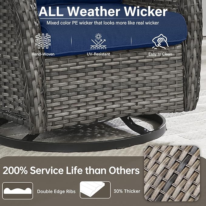 Outdoor Swivel Rocker Patio Chairs Set of 4 with Side Table - 5" Thick Cushion 6 Piece Furniture Set All Weather Comfortable Wicker Conversation Set for Porch Poolside and Deck - Gray/Blue