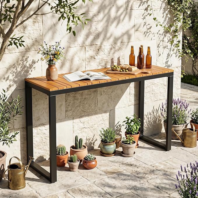 Tangkula Outdoor Console Table, Narrow Patio Dining Table with Acacia Wood Top & Metal Frame, Buffet Table for Small Space, Plant Stand for Deck Poolside Garden Entryway Porch, Natural