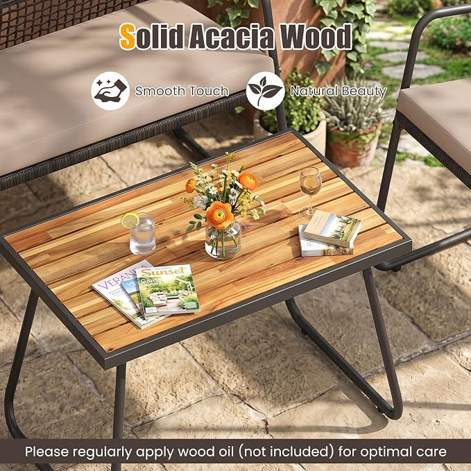 Tangkula 4 Pieces Patio Furniture Set, PE Wicker Rattan Conversation Set with Acacia Wood Coffee Table & Zippered Cushions, Outside Seating Set for Backyard, Garden & Deck (Beige, 4 Pcs)