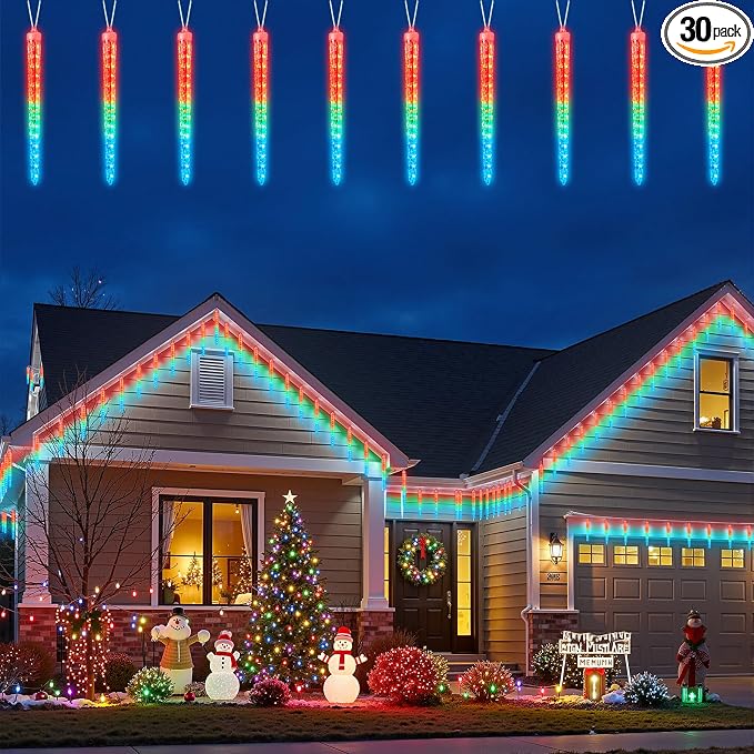 Brightown Christmas Meteor Shower Icicle Lights Outdoor, 30ft with 30 Tube 720 LED Dropping Effect, Waterproof Decorations for House Eave Roofline, Multicolor