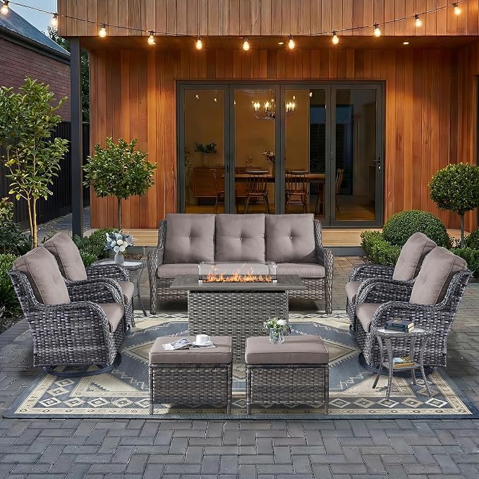 HUMMUH 10 Pieces Patio Furniture Set with Fire Pit High Back Wicker Outdoor Furniture Set Swivel Rocker Chairs 3-Seater Couch for Porch,Deck,Backyard
