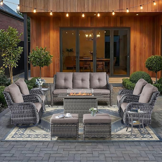 HUMMUH 10 Pieces Patio Furniture Set with Fire Pit High Back Wicker Outdoor Furniture Set Swivel Rocker Chairs 3-Seater Couch for Porch,Deck,Backyard