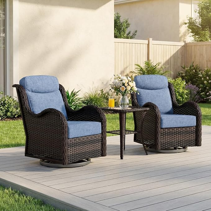 3 Pieces Outdoor Swivel Chairs Set of 2 with Rattan Side Table, Weather-Resistant Wicker High Back Swivel Rocker Chairs, Patio Conversation Set for Outside Porch Deck Garden,Blue
