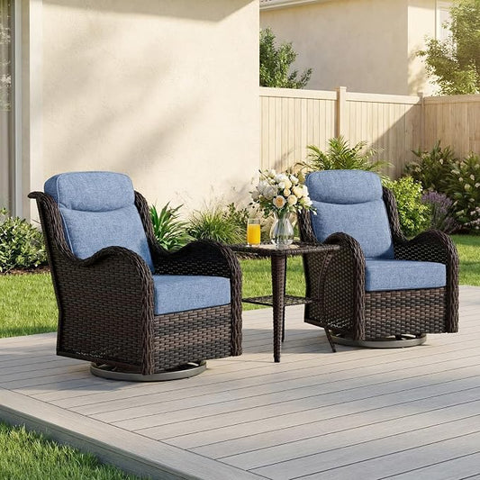 3 Pieces Outdoor Swivel Chairs Set of 2 with Rattan Side Table, Weather-Resistant Wicker High Back Swivel Rocker Chairs, Patio Conversation Set for Outside Porch Deck Garden,Blue