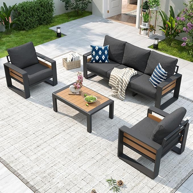 Aoxun Aluminum Patio Furniture Set, 5 Seats Luxury Outdoor Sectional with 6" Olefin Fabric Cushions, Conversation Set with Coffee Table for Garden, Deck Dark Grey