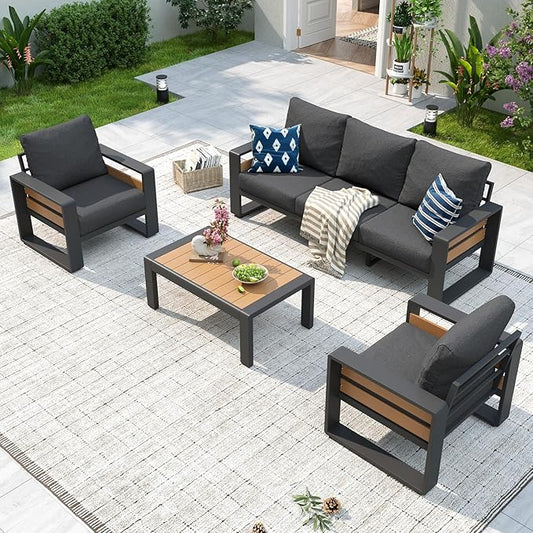 Aoxun Aluminum Patio Furniture Set, 5 Seats Luxury Outdoor Sectional with 6" Olefin Fabric Cushions, Conversation Set with Coffee Table for Garden, Deck Dark Grey