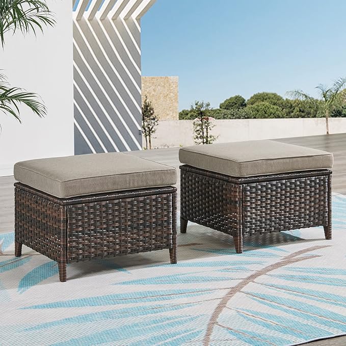 Rilyson Luxury Outdoor Wicker Patio Ottomans Set of 2, 250 lbs Capacity Rattan Large Ottomans for Patio Footrest Set 22.8in*22.8in*14in with 3.5in Thick Cushion (Brown/Grey)