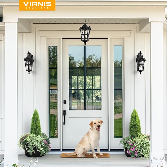 VIANIS Outdoor Pendant Light Fixture, Matte Black Vintage Outside Hanging Lights with Adjustable Chain, Aluminum Lighting Waterproof and Anti-Rust, Hanging Lanterns Outdoor for Entryway, Porch, Yard