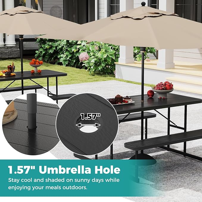 Byroce Outdoor Picnic Table for 4 Person, Rectangular Picnic Camping Table Set with Long Benches, Umbrella Hole & Metal Frame, Heavy Duty HDPE Dining Table Chairs for Patio, Yard & Poolside (Black)