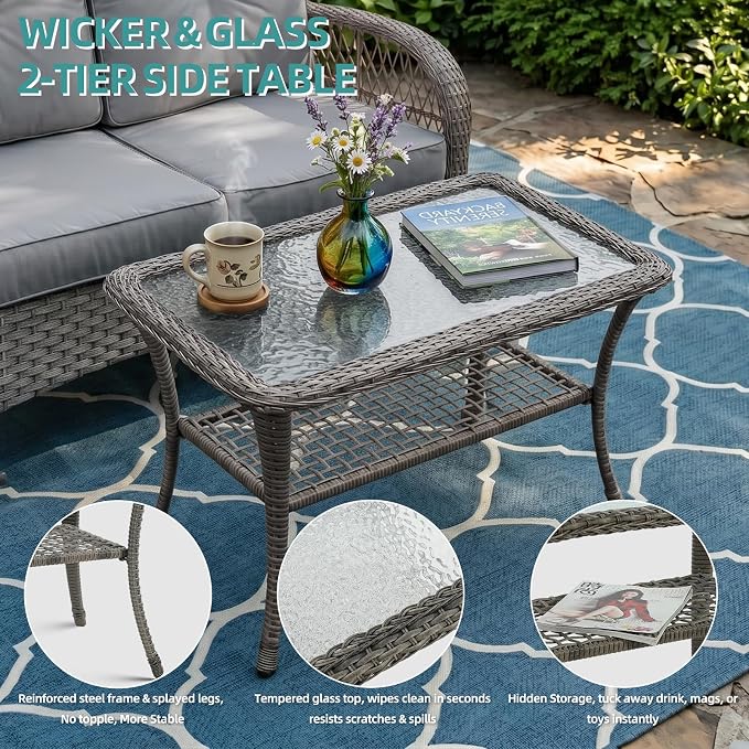 MEETWARM Outdoor Wicker Patio Glider Set, Loveseat for 2 Person Porch Furniture Glider with Glass-Top Coffee Table, Patio Glider Rocking Bench with Thickened Cushions, Gray