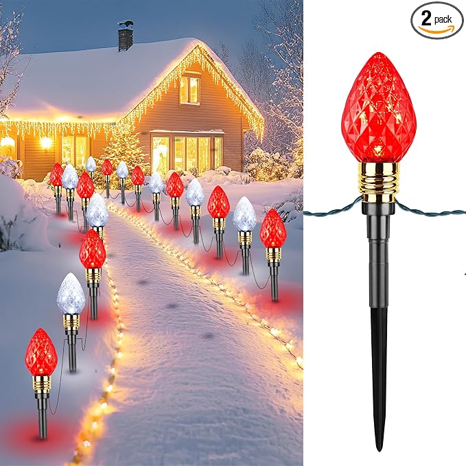 2 Pack Strawberry C9 Christmas Pathway Lights Outdoor, Total 34.8 Feet | 20 LED C9 Pathway Lights, Connectable Christmas Light Outdoor Decoration for Lawn Yard Holiday Walkway, Red & Pure White