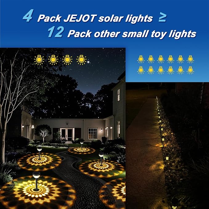 JEJOT 4 Pack Solar Flood Light, Security Lights,Pathway Lights with 2CCT(Warm and Cool) Light Modes,Bright Pattern Solar Decorative Lights Outdoor