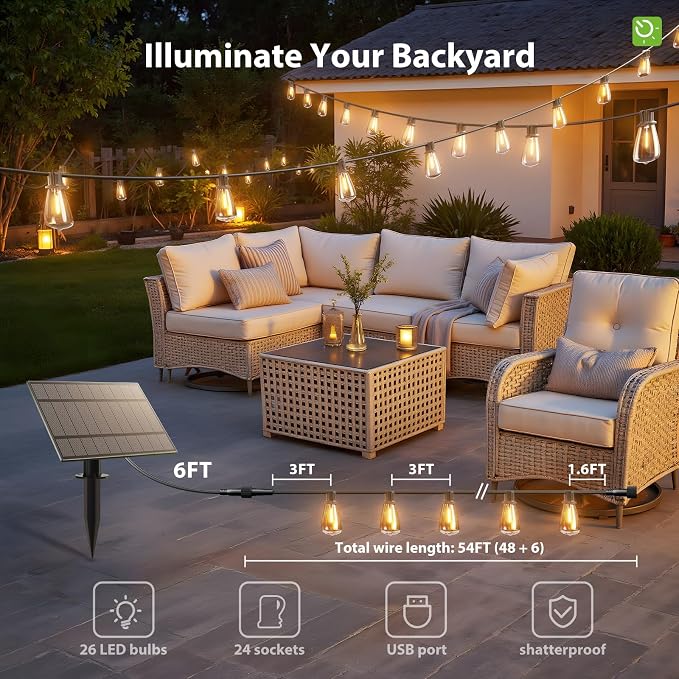 KYY 54(48+6) FT Solar String Lights Outdoor with USB Port Remote | Waterproof and Shatterproof Patio with Solar Powered Panel, LED Vintage Edison Bulbs, Heavy-Duty and UL Listed Market Lights