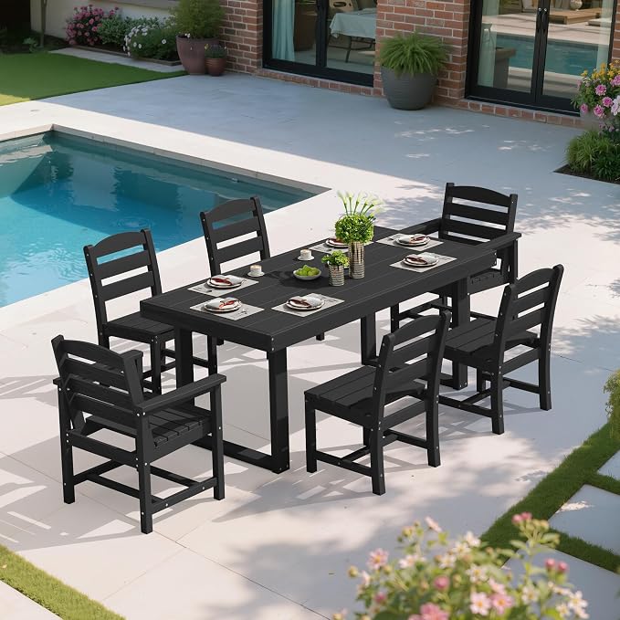 SERWALL HDPE Outdoor Dining Set for 6, 67'' Patio Table and Chairs Set | with Armless Seat