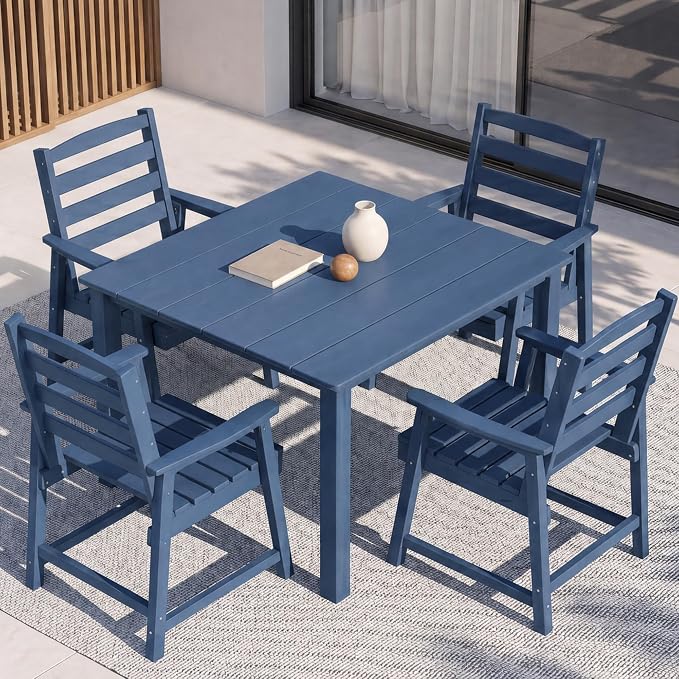 HDPE Outdoor Dining Set for 4, Armchairs, Navy | All-Weather HDPE, Wood Grain Finish, 42.5" Square Table, Built-In Umbrella Hole, Seats 4, Patio & Poolside Ready