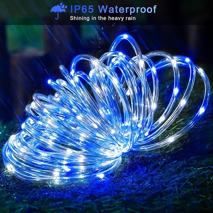 JMEXSUSS 66ft 200 LED Blue and White Solar Rope Lights for Christmas Decor | IP 65 Outdoor Waterproof Christmas Rope Lights with 8 Modes, Solar Christmas Lights for Fence Yard Walkway Christmas