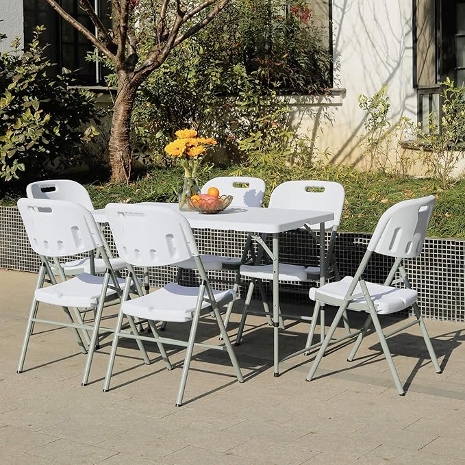 Lakhow Folding Table 4 Foot Portable Heavy Duty Plastic Fold-in-Half Utility Table with Carrying Handle,Indoor Outdoor Small Adjustable Height Folding,Camping and Party,White