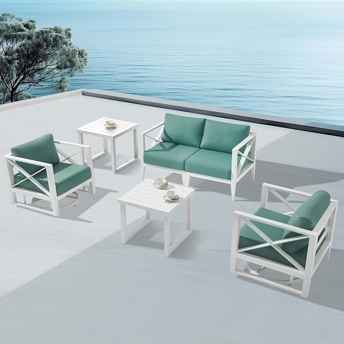 Patio Furniture Set with Swivel Rocking Chairs & Coffee Table – 4-Seat Aluminum Outdoor Conversation Set, Weather-Resistant for Balcony, Poolside, Garden – White