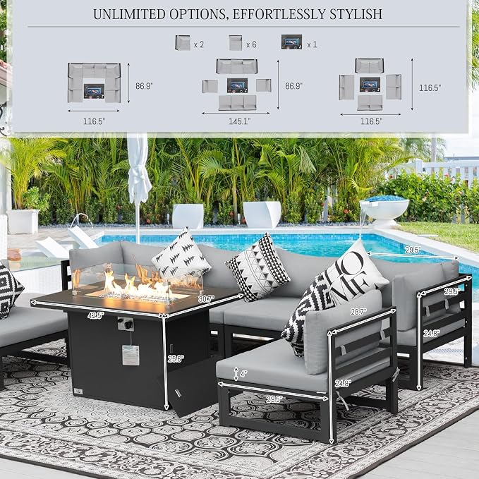 BULEXYARD 9 Piece Oversized Modular Outdoor Furniture Set with Fire Pit Table, 29" Deep Wide Sectional Seating, Heavy Duty Aluminum Frame for 500 lbs, Patio Conversation Set for Poolside, Light Gray
