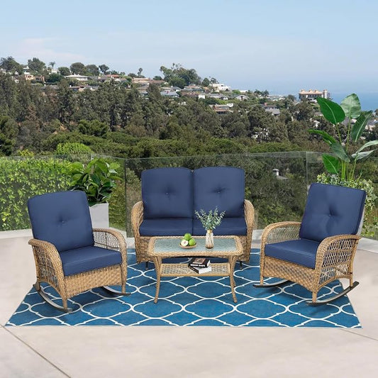 VIVIJASON 4-Piece Outdoor Patio Wicker Conversation Sets, All Weather Outdoor Rattan Furniture Set Includes Glider Loveseat, Coffee Table, 2 Rocking Chairs with Cushions for Backyard, Navy Blue