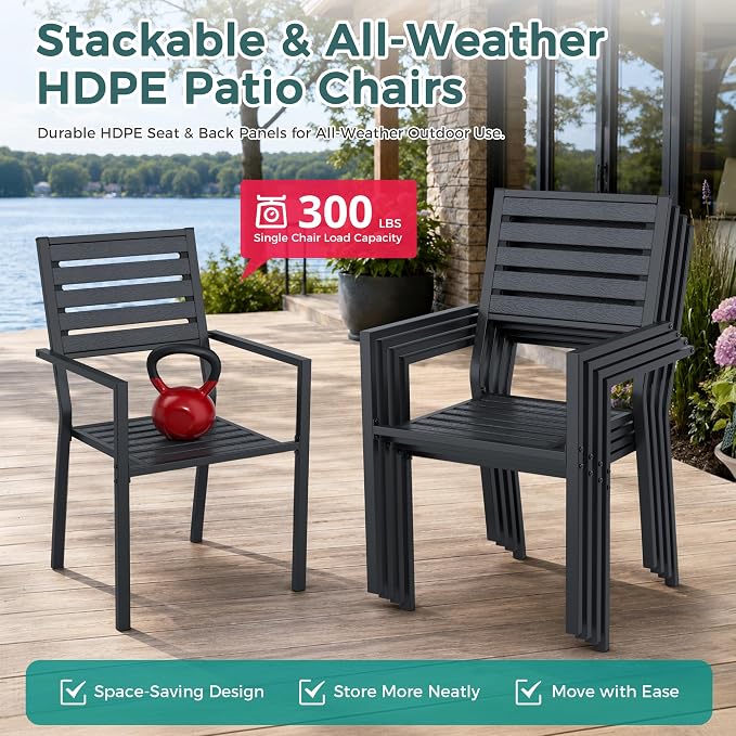 Pamapic 5-Piece HDPE Outdoor Dining Set, All-Weather Patio Furniture Set with Powder-Coated Iron Frame, Outdoor Table & 4 Stackable Chairs for Garden, Backyard, Poolside, Deck