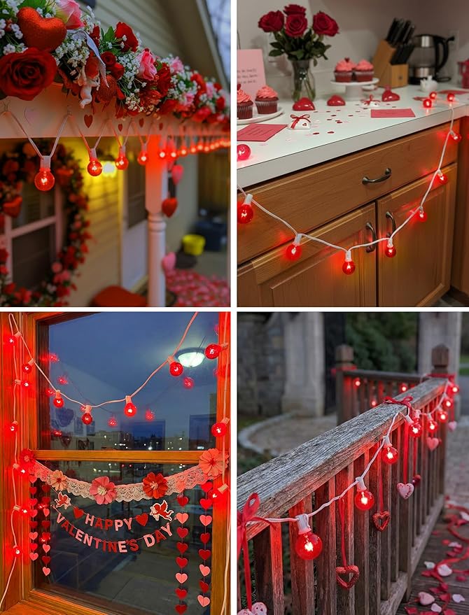 G40 Valentine’s Day Red Globe String Lights, 25Ft Outdoor Valentines Day Decorations Lights with 27 Incandescent Red Bulbs, Hanging Christmas Lights Waterproof for Patio Wedding Party Garden Balcony