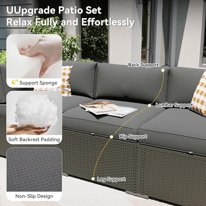 Aoxun Patio Furniture Set, 7 Piece Outdoor Sectional Sofas with Think Cushions, Wicker Rattan Outdoor Furniture Patio Conversation Set for Backyard, Garden Dark Grey