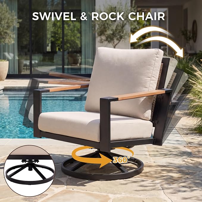 Natural Expression Patio Furniture Set, 4 Piece Metal Outdoor Conversation Set with 2 Swivel Rocker, 3-seat Sofa, Handwoven Wicker Back & Fauxwood Tabletop, 3" Wide Arm with 6" Cushion for Porch, Yard