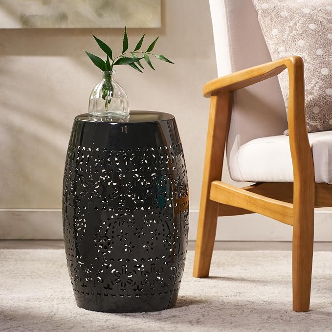 12" Outdoor Side Table, Metal Cutout Drum Side Table, Patio Garden Stool | Coffee End Tables for Small Spaces, Living Room, Backyard, Poolside