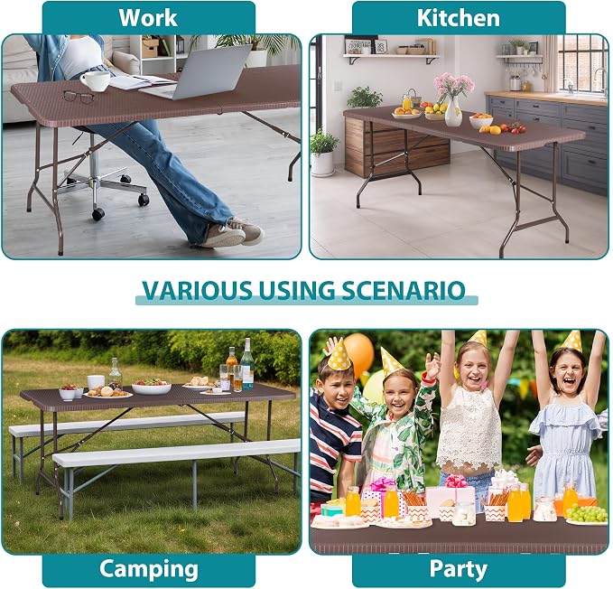 JupiterForce 6ft Plastic Folding Table, Indoor Outdoor Portable Heavy Duty Foldable Camping Table, Fold-in-Half Utility Table Dining Picnic Table for Party Wedding Event, Brown