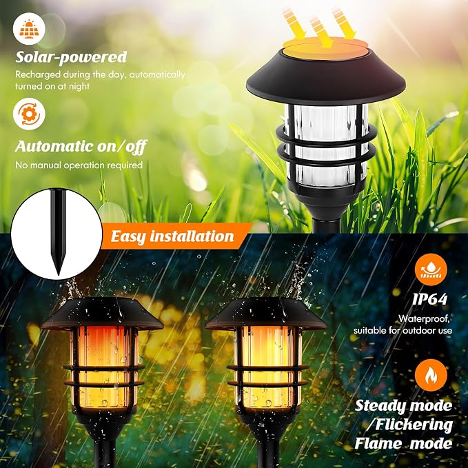 ZOOHAR Solar Outdoor Lights,Extra-Tall Solar Torches with Flickering Flame 4-Pack Waterproof Garden Lights,Stainless Steel Pathway Lighting Garden Decor, Yard Decorations Outdoor Auto On/Off