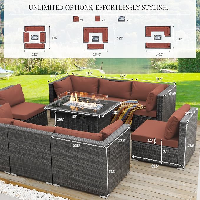 BULEXYARD 13 Piece High Back Patio Furniture Sets with Firepit, Luxury Outdoor Seating Sectional Couch 12-Person Modular, Comfortable Extra Large Wide Deep Backyard Conversation Sofa Set, Grey & Red