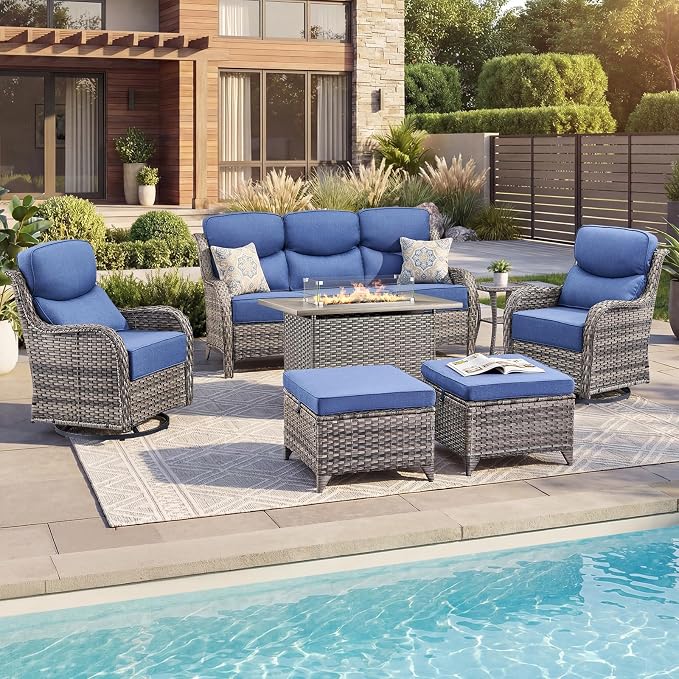 Luxury Patio Furniture Set with 6-inch Thick Cushion, Outdoor Furniture with Fire Pit Table, Swivel Chairs, Sofa, Side Table, Ottomans, 7pcs Wicker Conversation Set(Grey Wicker/Blue Cushion)