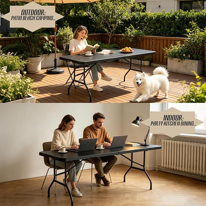 Portable Plastic Folding Table 4ft/6ft/8ft Heavy Duty White Black Picnic Dining Table Fold-in-Half for Camp Party Kitchen Indoor Outdoor