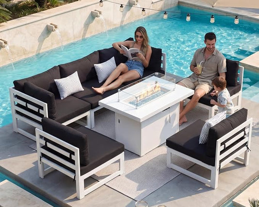 RADIATA 7 Piece L-Shaped Oversized Modern Aluminum Patio Furniture Set, All Weather Modular Sectional Sofa with Fire Pit Table, 500 lbs Heavy Duty Comfortable Outdoor Couch for Backyard Deck, Black